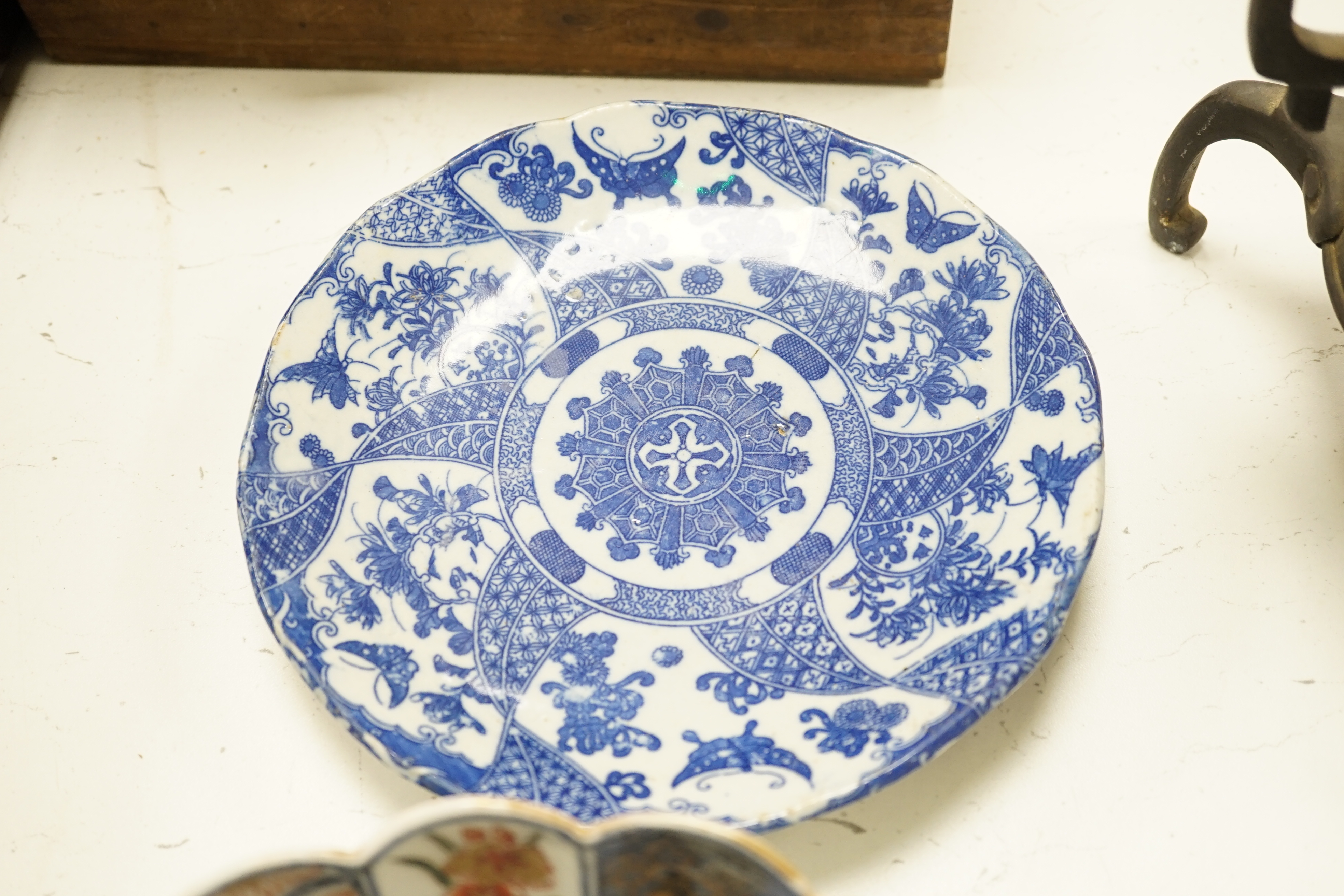 A Japanese bronze and mixed metal tripod vessel, a pair of 19th century Japanese Imari scalloped bowls, 22.5 cm diameter and a blue and white plate